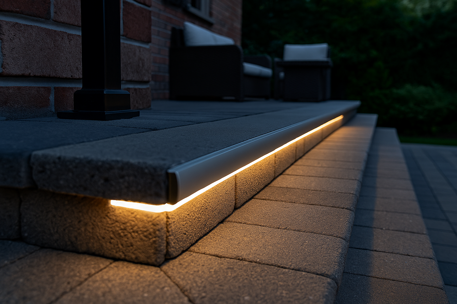 LED strips mounted in aluminum channel on patio stairs