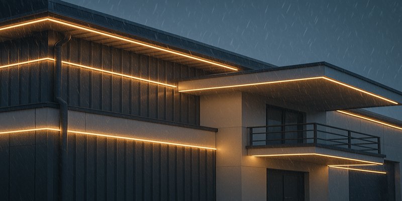 LED strip lighting installed on a building facade in rainy conditions