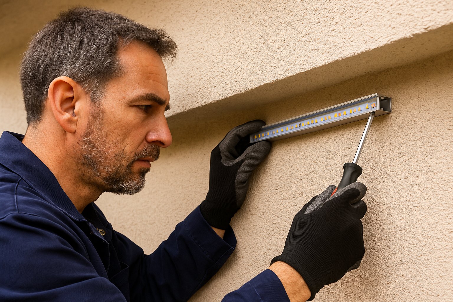 Contractor mounting LED strip into aluminum profile