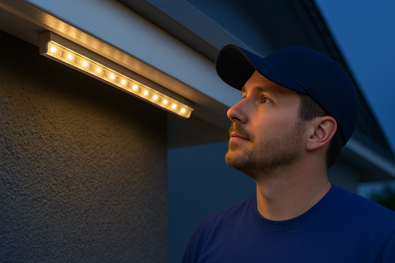 Installer Observing Newly Installed and Safely Functioning Outdoor LED Strip Lights