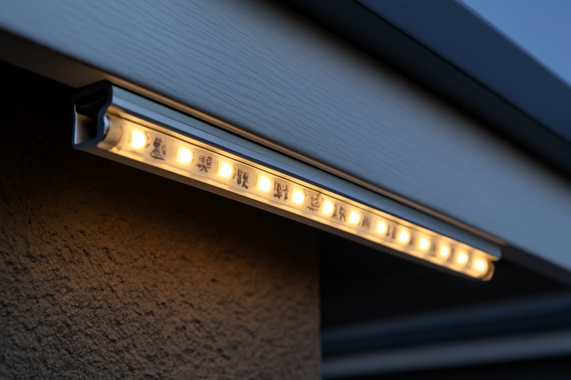 Outdoor LED Strip Light Mounted Securely in an Aluminum Channel Under an Eave