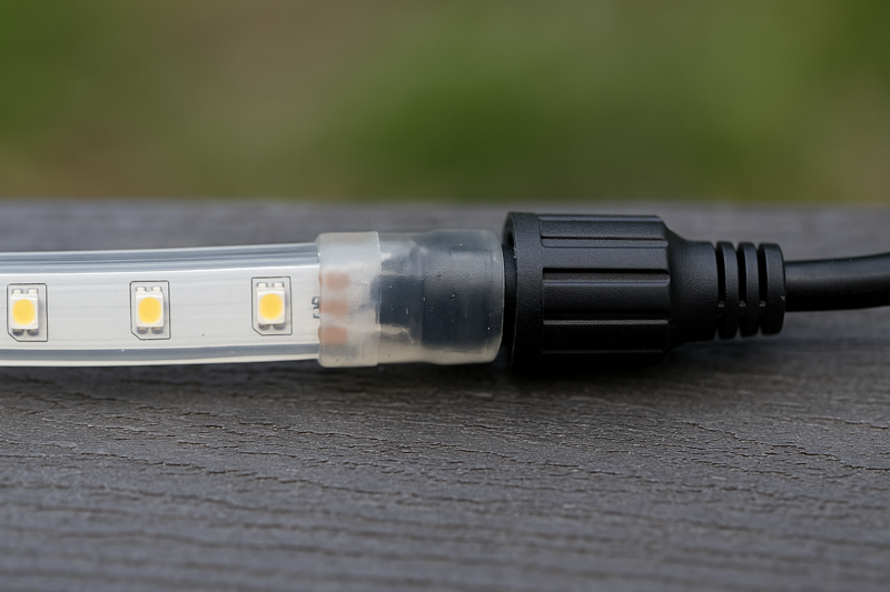 Close-up of Waterproof Connector and Silicone Sealing on an Outdoor LED Strip Connection