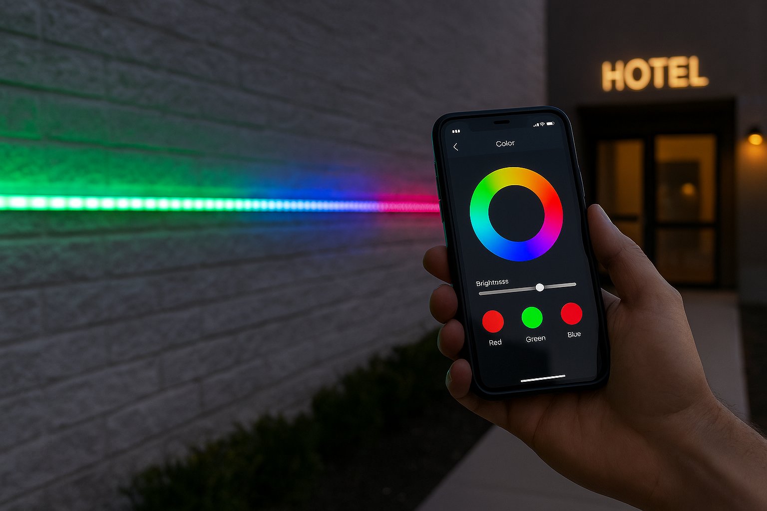 Mobile app adjusting RGB LED strip lights on hotel facade