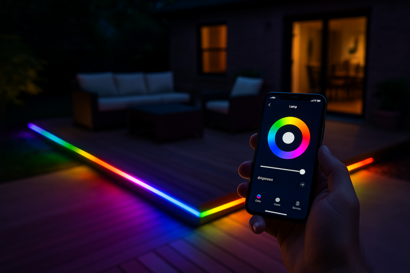Smartphone App Controlling Color-Changing Outdoor LED Strip Lights on a Patio