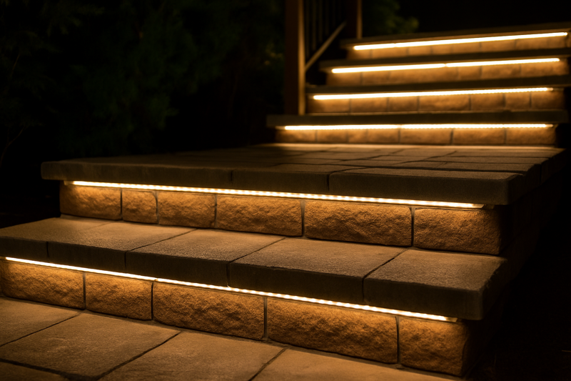 LED strip illuminating backyard stair tread at night