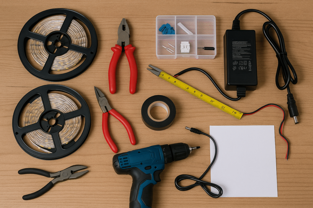 Tools and LED strips laid out before installation