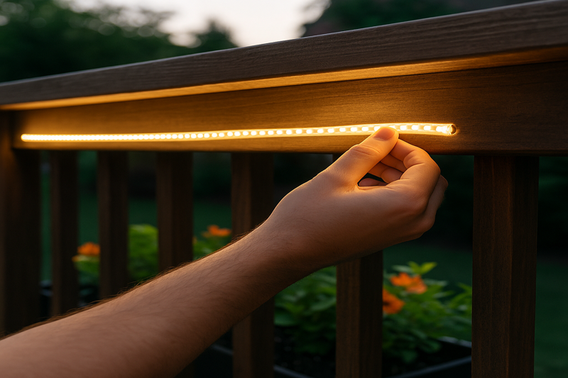 Warm white LED strips under deck railing with plants