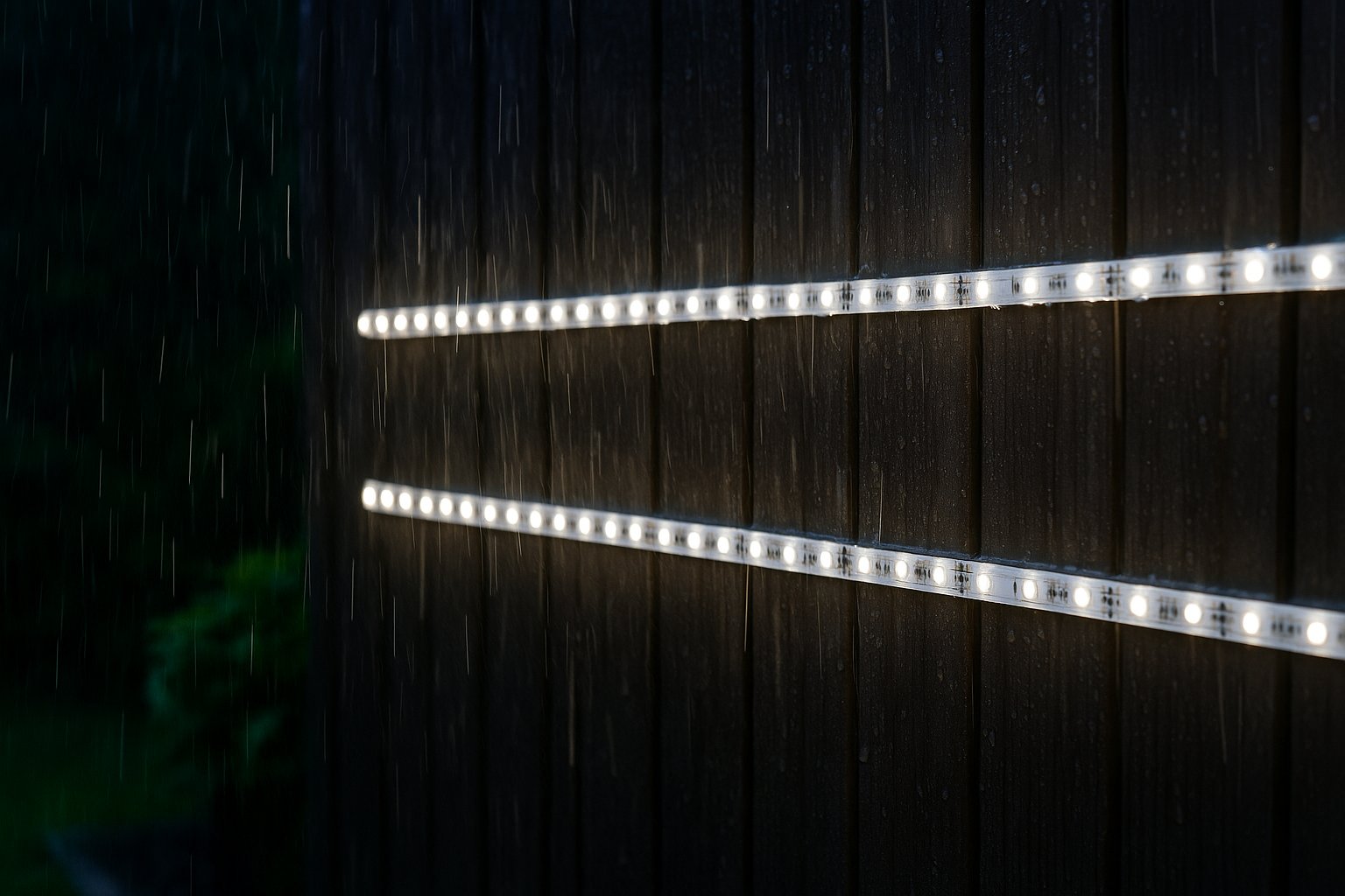 LED strips mounted on exterior fence during rainfall