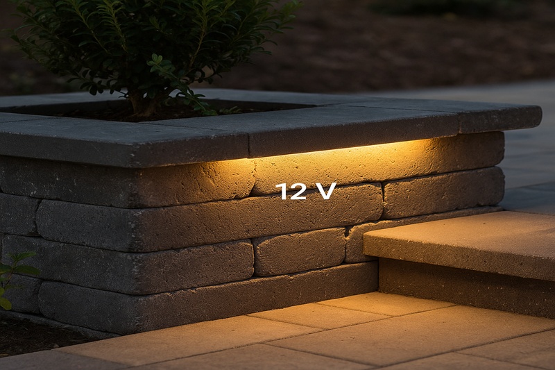 Small outdoor accent feature, like a planter or step, effectively lit with a short run of 12V LED strip light