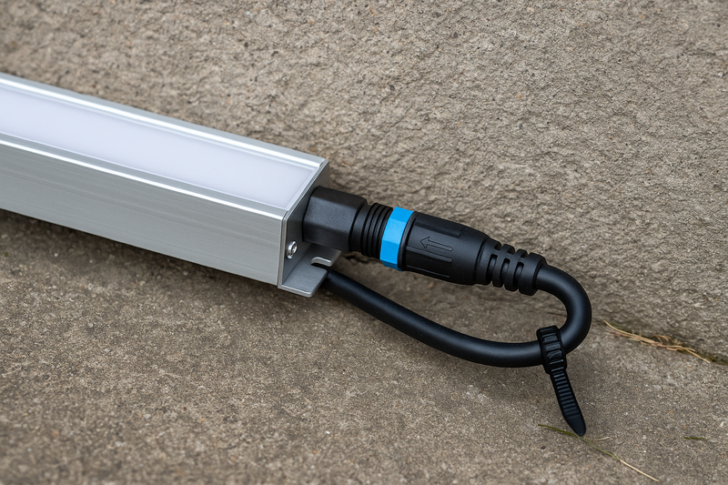 Image showing correct installation techniques: using an aluminum channel, proper waterproof connector, strain relief on cables