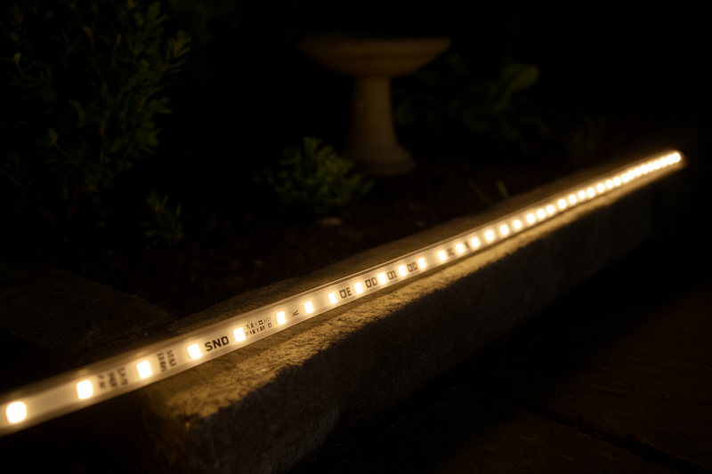 Outdoor LED strip using SMD 3528 chips, perhaps illuminating a small garden feature or step edge subtly