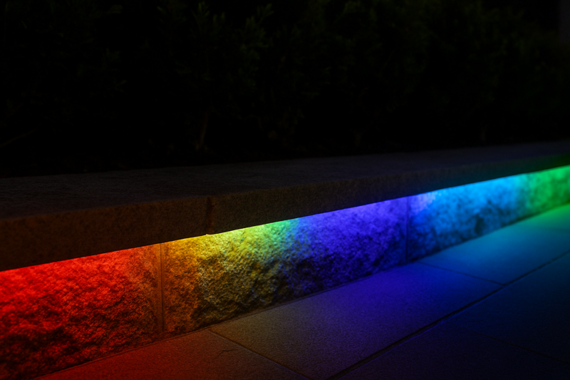 Outdoor installation featuring an Rhlite SMD 5050 RGB LED strip changing colors on a building facade or landscape feature