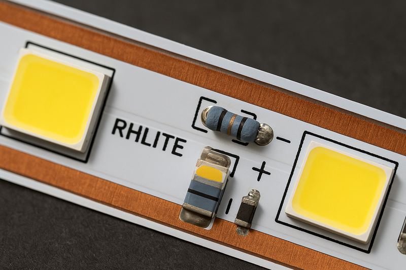 Close-up shot highlighting quality LED chips (e.g., brand name visible if appropriate), thick copper traces on a PCB, and robust resistors