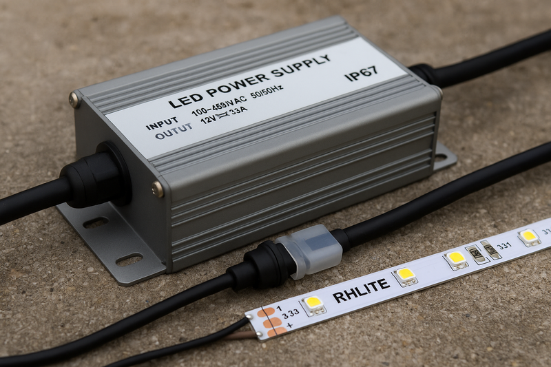 A robust, weatherproof outdoor LED power supply connected to an Rhlite LED strip