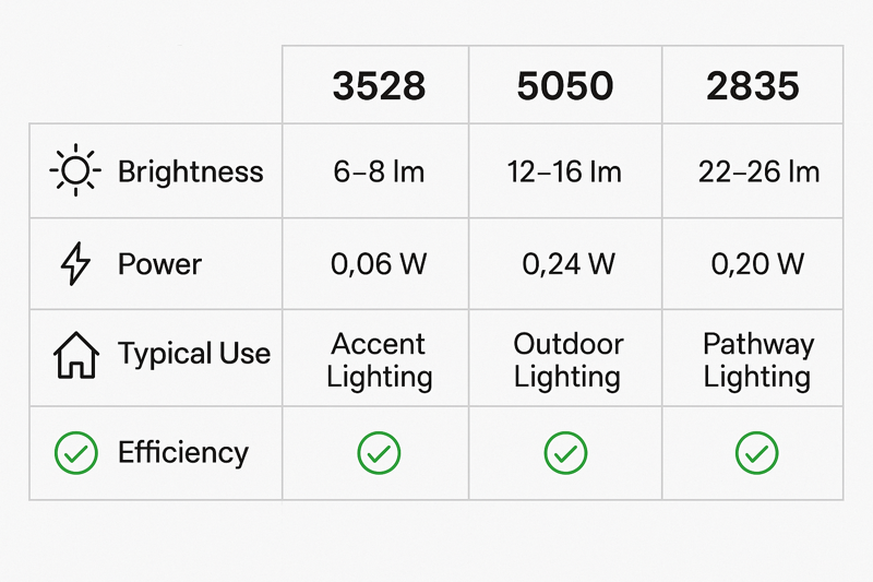 A comparative chart or infographic clearly showing key specs (brightness, power, typical use, efficiency symbol) side-by-side for 3528, 5050, and 2835 chips