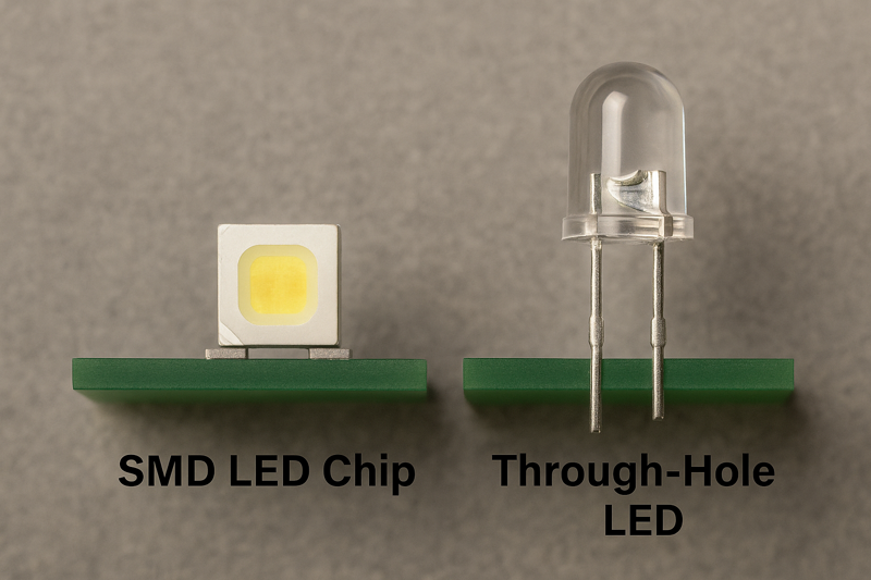Diagram showing an SMD LED chip mounted on a PCB, contrasted with an older through-hole LED