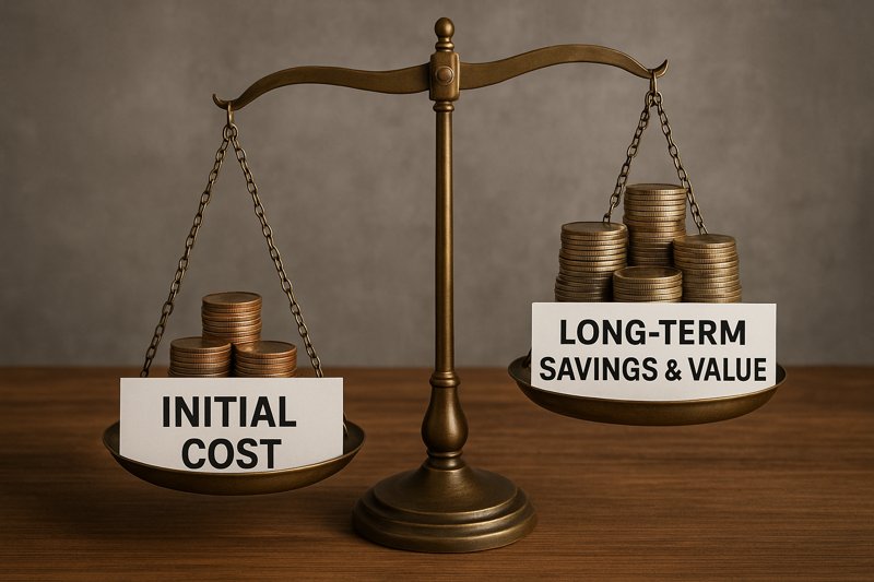A graphic showing a scale balancing a small pile of coins labeled "Initial Cost" against a larger pile labeled "Long-Term Savings & Value"