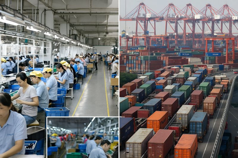 An image depicting a frantic, overcrowded factory floor and a massive traffic jam of container trucks at a port.