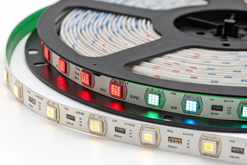 Close-up of an RGBW LED strip showing separate RGB and White LED chips, suitable for outdoor use