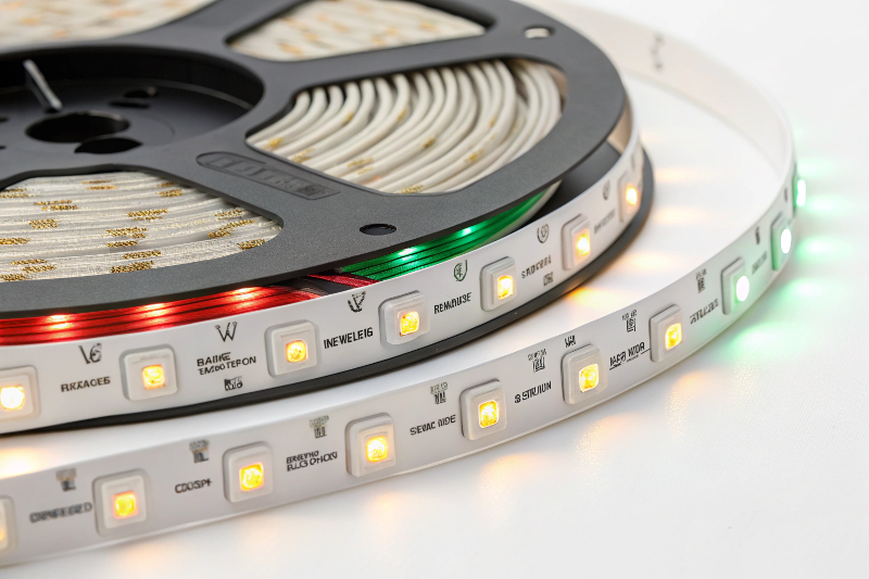 Close-up of an RGBWW/RGBCCT LED strip showing RGB, Warm White, and Cool White LEDs, for outdoor use