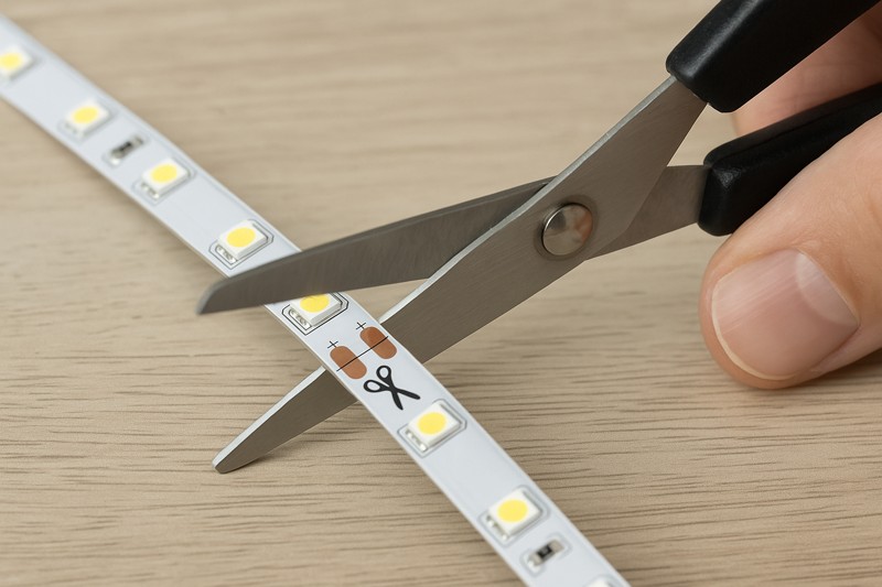 Hand using sharp scissors to cut an LED strip light at the designated mark
