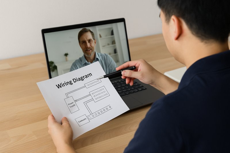 An engineer pointing to a wiring diagram, explaining it to a client over a video call.