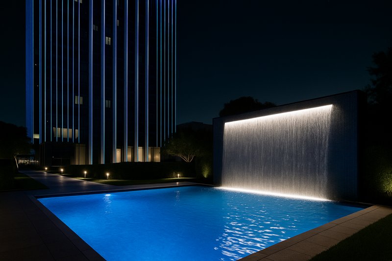 A stunning image of a high-end application, like the facade of a modern skyscraper, underwater lighting in a luxury pool, or a public art installation.