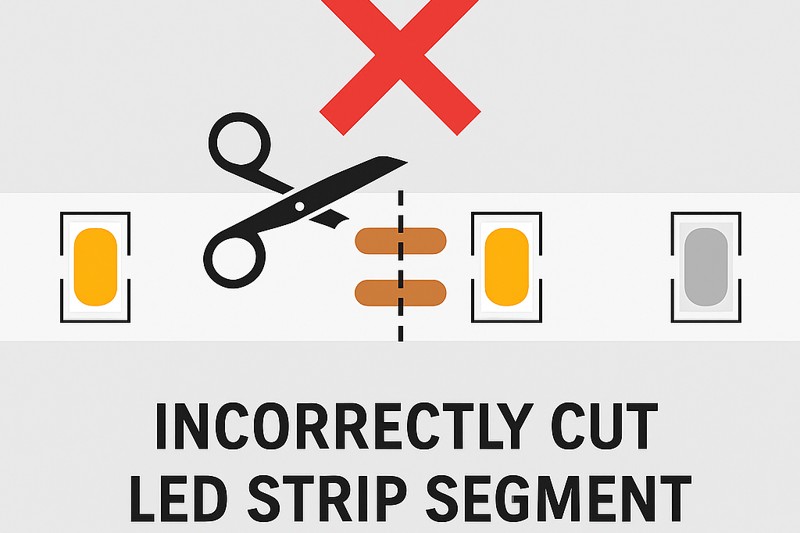 Diagram showing an LED strip cut incorrectly mid-segment, with that segment not working