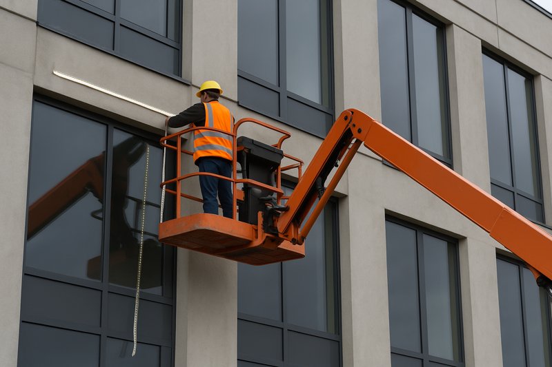 An installer working on a boom lift to install LED strips high up on a building's facade, illustrating a high-cost labor scenario.