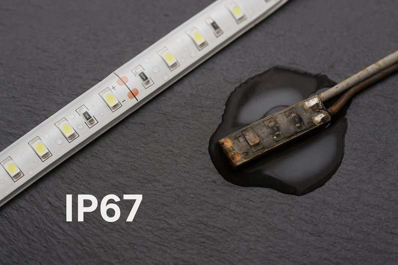 A close-up image showing water drops beading on an IP67 strip versus a failed, corroded strip sitting in a small puddle.