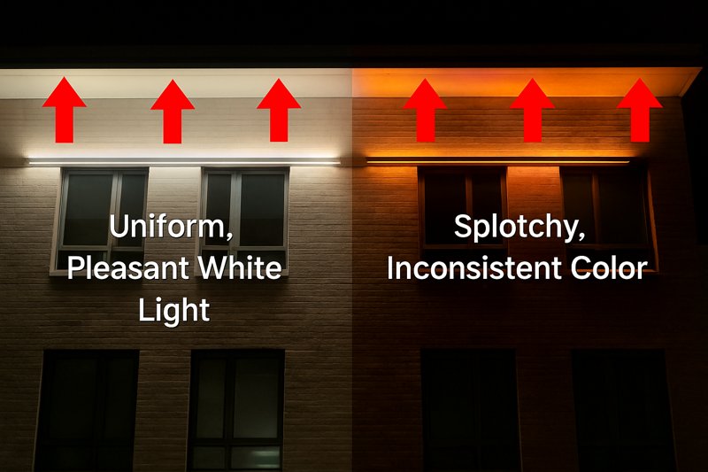 A picture showing a building facade lit with two different strips side-by-side. One side has a uniform, pleasant white light. The other side has a splotchy, inconsistent color.
