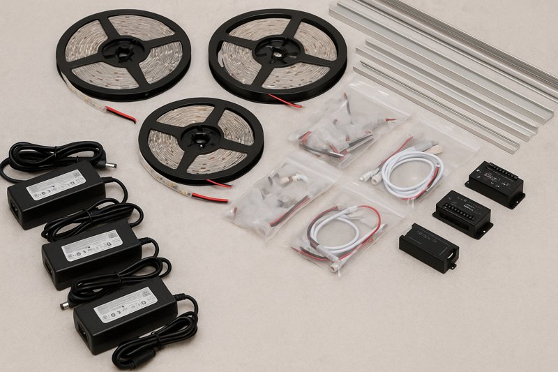 An image showing a complete, uninstalled system laid out: rolls of LED strip, several power supplies, controllers, aluminum channels, and bags of connectors and end caps
