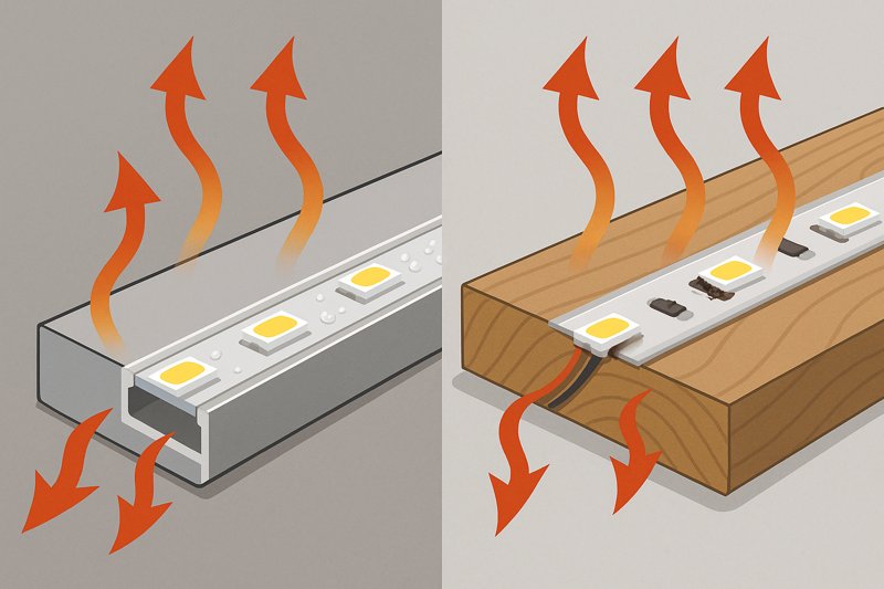 A diagram showing heat radiating away from an LED strip in an aluminum channel, contrasted with heat getting trapped in a strip mounted directly on wood.