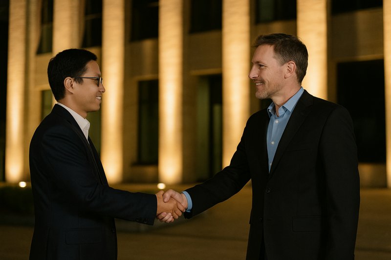 An image of two business people shaking hands in front of a successfully completed architectural lighting project