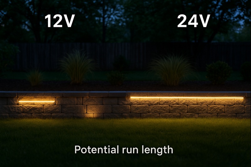 Side-by-side comparison of 12V and 24V LED strip light installations outdoors highlighting differences in potential run length