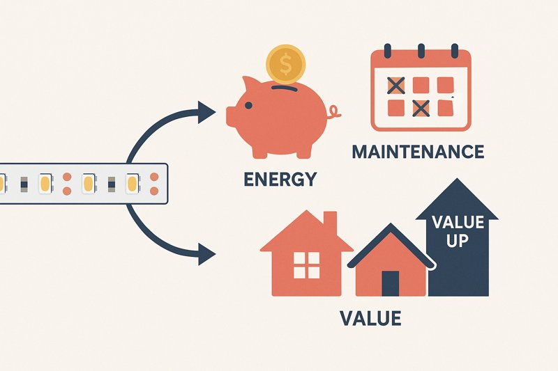 A graphic showing multiple benefit streams flowing from an LED strip: a piggy bank for energy, a calendar with crossed-out dates for maintenance, a house with a 