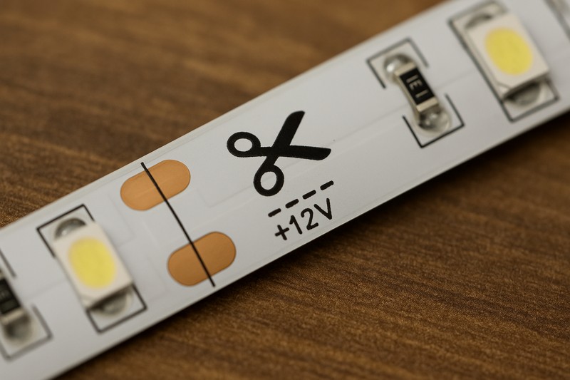 Close-up of an LED strip light showing the scissor icon and cut line on copper pads