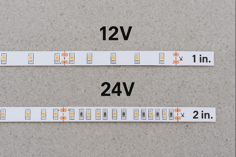 Comparison of cutting increments on a 12V vs 24V LED strip, relevant for outdoor precision fitting