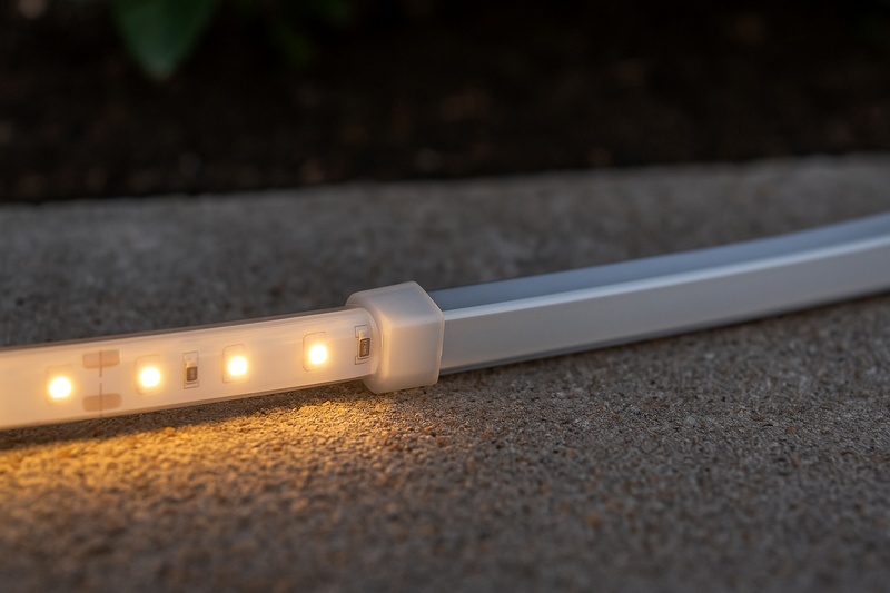 Close-up of an IP67 or IP68 rated outdoor LED strip, possibly showing the sealed endcap or robust encapsulation