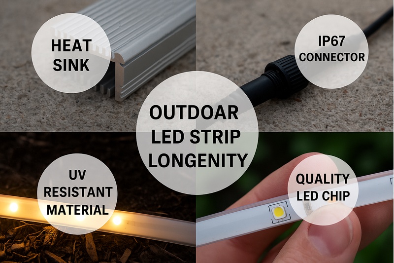 Image montage showing various factors affecting LED strip life: heat sink, IP67 connector, UV resistant material, quality LED chip