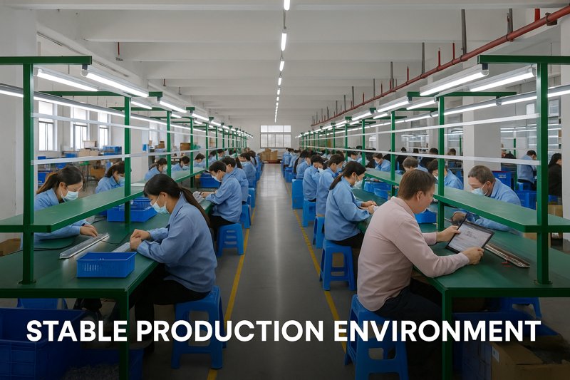 A clean, organized factory floor with workers calmly assembling products, representing a stable production environment.