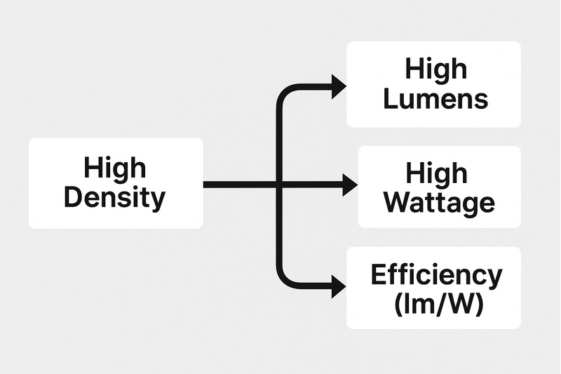 A graphic or chart showing the relationship: e.g., an arrow from High Density leading to potentially High Lumens and High Wattage, with