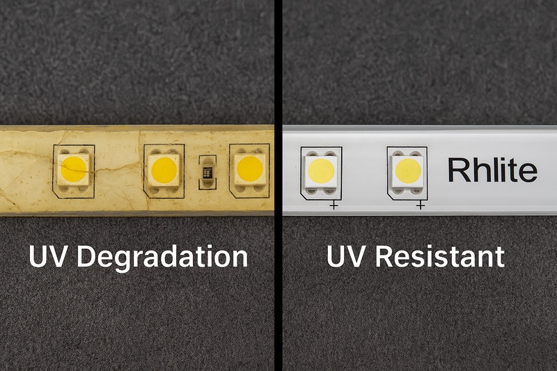 A split image: one side showing a yellowed, cracked UV-damaged LED strip, the other a new, clear Rhlite UV-resistant strip