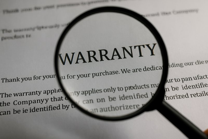 A magnifying glass hovering over the text of a warranty document, focusing on the details.