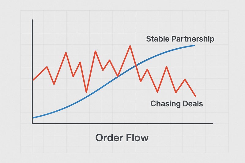 A graph showing a steady, predictable order flow line, contrasted with a volatile, spiky line representing chasing deals.