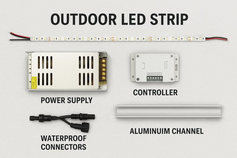 An exploded view graphic showing all the components of an outdoor LED strip system: the strip, power supply, controller, aluminum channel, and waterproof connectors
