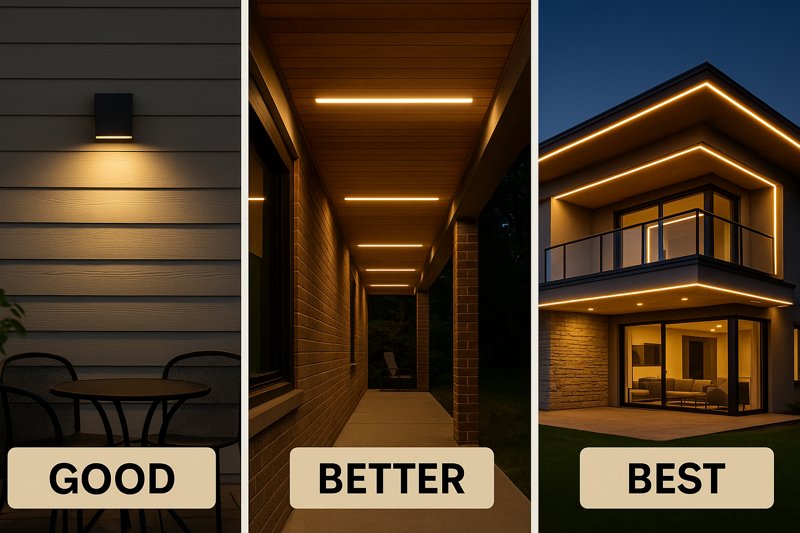 A graphic showing three tiers labeled "Good," "Better," and "Best," each with a corresponding image of an outdoor lighting application