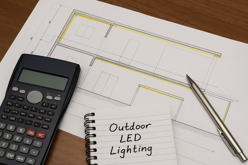 A blueprint or architectural drawing with sections of outdoor LED lighting highlighted, with a calculator and notepad nearby