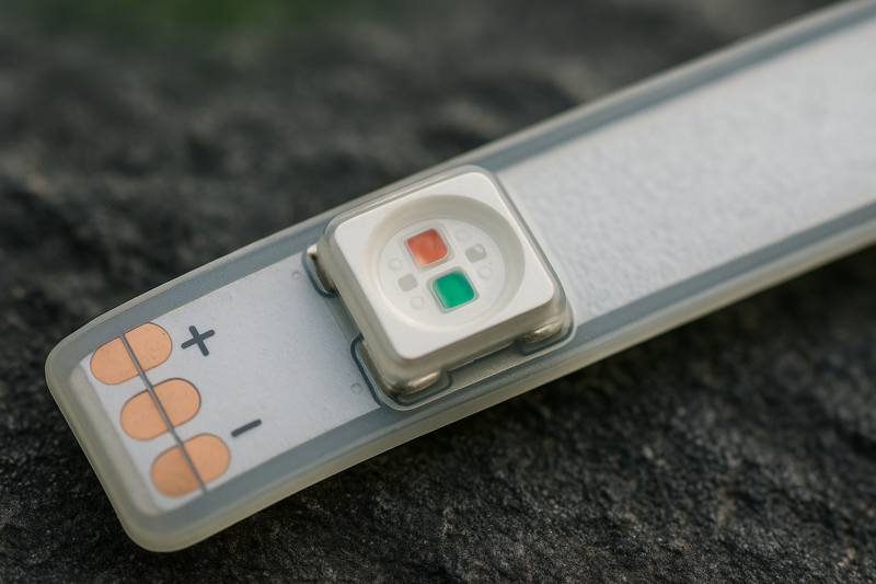 Close-up of an RGB LED chip on a strip, highlighting the Red, Green, and Blue diodes, used outdoors