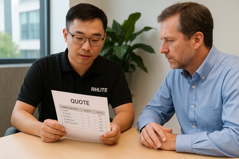 A graphic showing Jermey from Rhlite talking with a client like Tom, with a single, clear quote document between them that lists all system components.